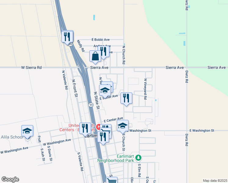 map of restaurants, bars, coffee shops, grocery stores, and more near 729 East Bent Ranch Avenue in Earlimart
