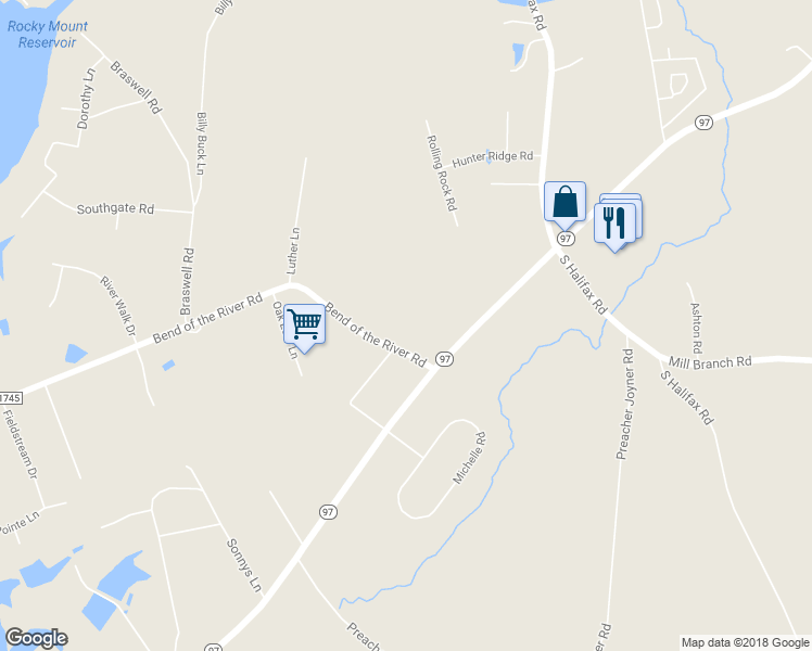 map of restaurants, bars, coffee shops, grocery stores, and more near 9068 Bend of the River Road in Rocky Mount