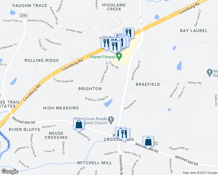 map of restaurants, bars, coffee shops, grocery stores, and more near 7532 Argent Valley Drive in Raleigh