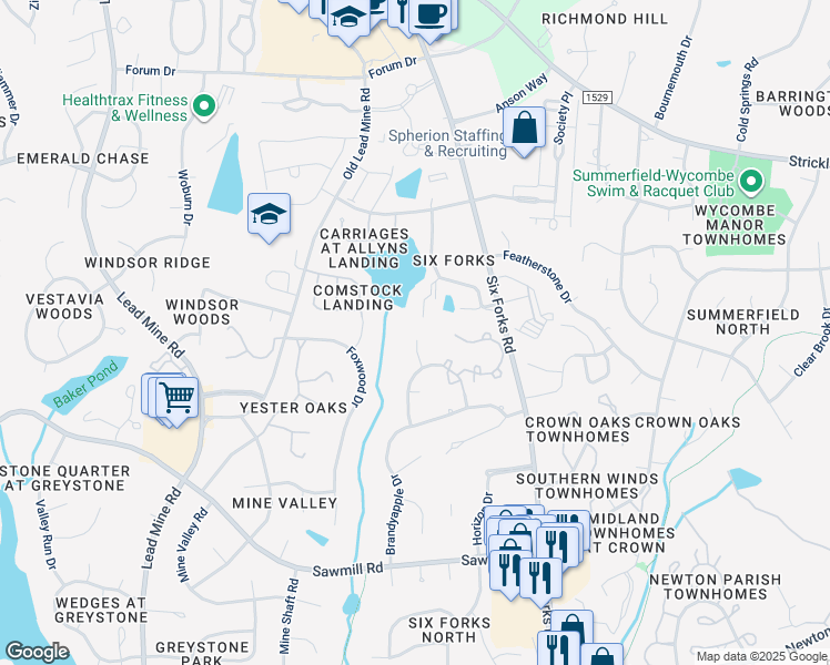 map of restaurants, bars, coffee shops, grocery stores, and more near 7916 Castlelake Court in Raleigh