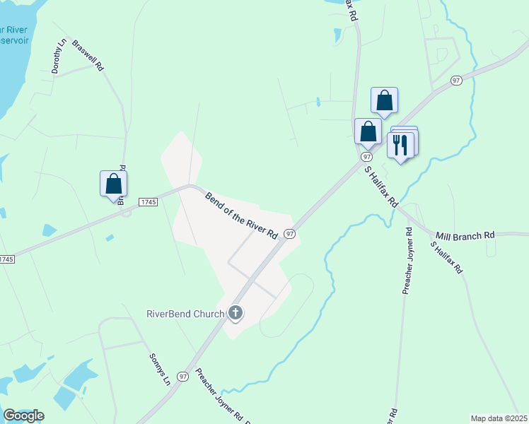 map of restaurants, bars, coffee shops, grocery stores, and more near 9068 Bend of the River Road in Rocky Mount