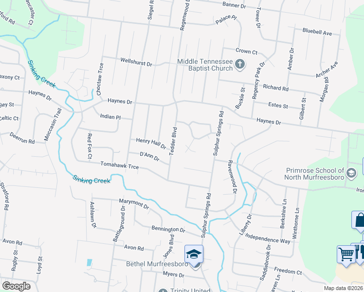 map of restaurants, bars, coffee shops, grocery stores, and more near 2234 Tedder Boulevard in Murfreesboro