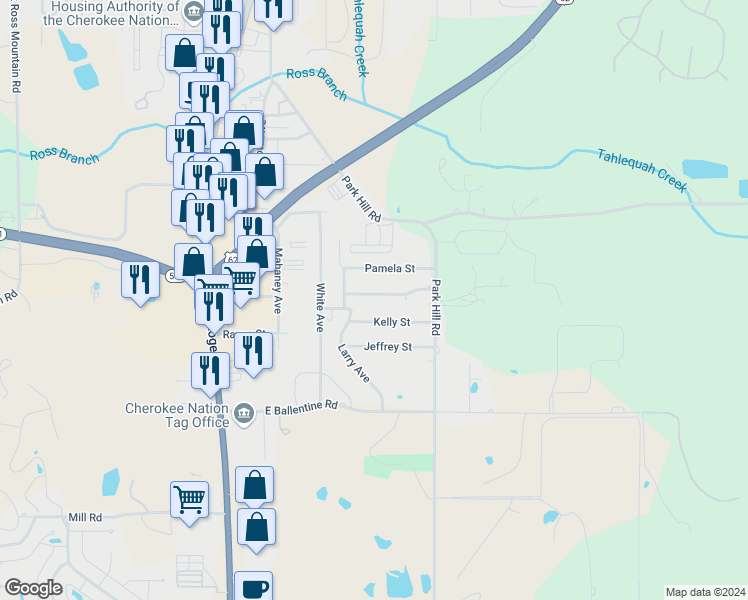 map of restaurants, bars, coffee shops, grocery stores, and more near 608 Rolling Hills Drive in Tahlequah