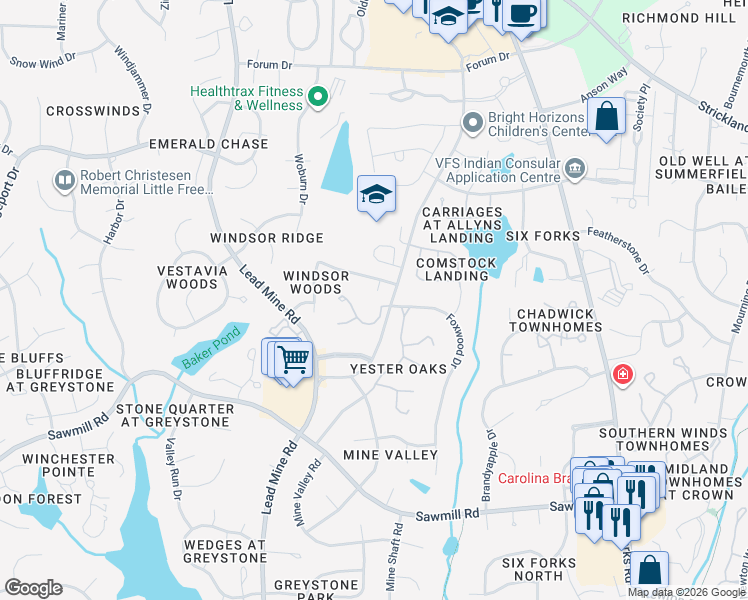 map of restaurants, bars, coffee shops, grocery stores, and more near 8000 Shillingstone Pl in Raleigh