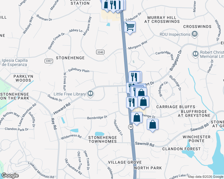 map of restaurants, bars, coffee shops, grocery stores, and more near 2705 Farnborough Road in Raleigh