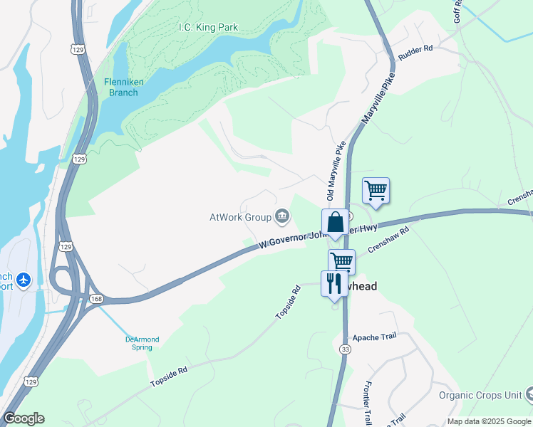 map of restaurants, bars, coffee shops, grocery stores, and more near 3038 Heatherton Way in Knoxville