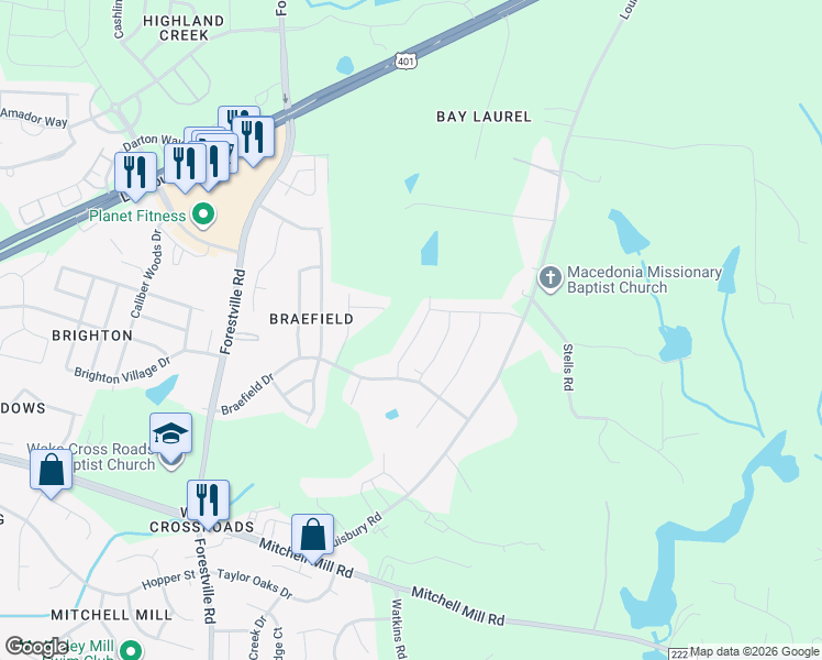 map of restaurants, bars, coffee shops, grocery stores, and more near 3933 Mountjoy Trail in Raleigh