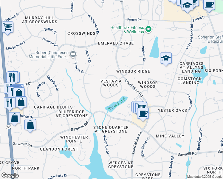 map of restaurants, bars, coffee shops, grocery stores, and more near 7908 Vandemere Court in Raleigh