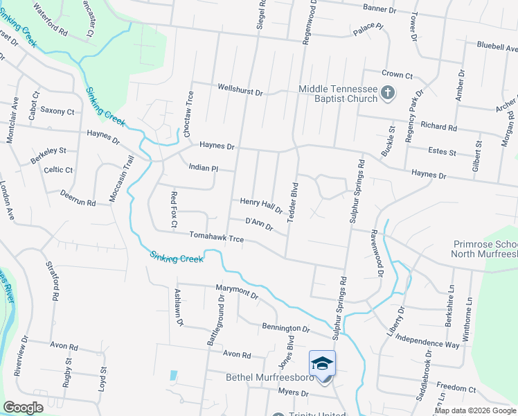 map of restaurants, bars, coffee shops, grocery stores, and more near 1326 D'Ann Drive in Murfreesboro