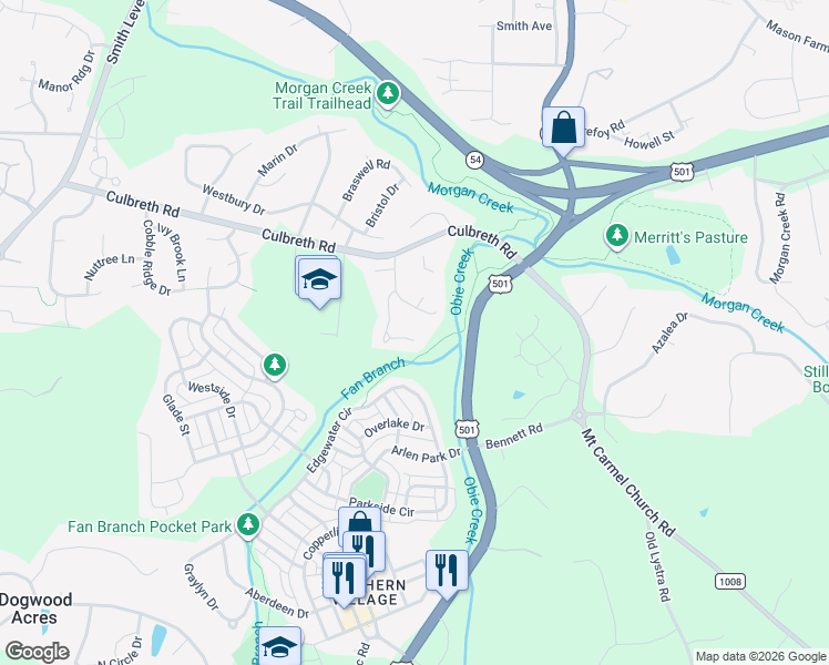 map of restaurants, bars, coffee shops, grocery stores, and more near 207 Fan Branch Lane in Chapel Hill