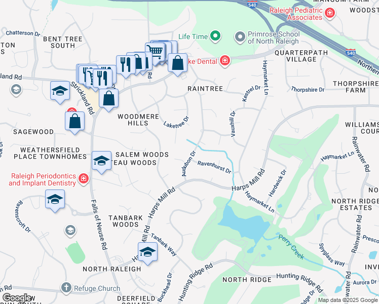 map of restaurants, bars, coffee shops, grocery stores, and more near 7705 Audubon Drive in Raleigh