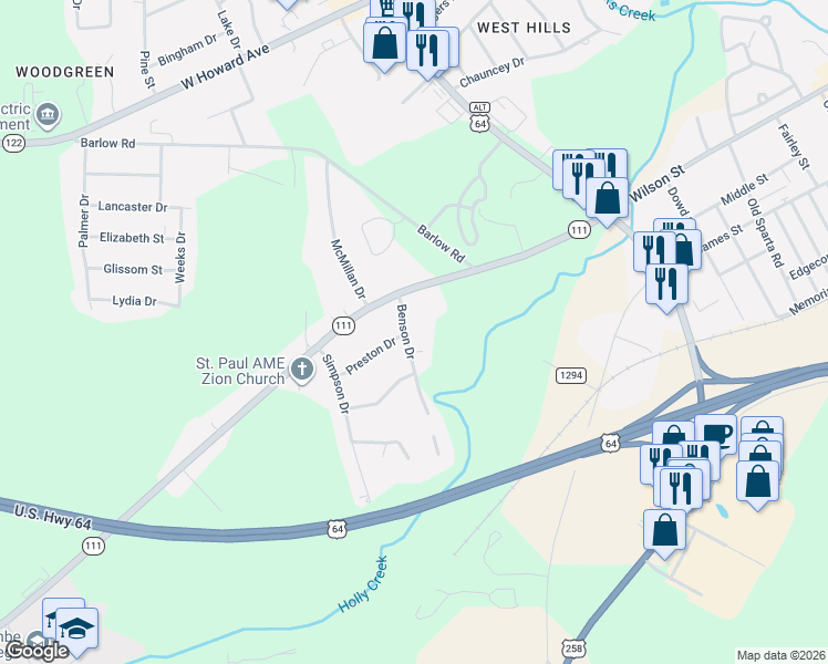map of restaurants, bars, coffee shops, grocery stores, and more near 600-606 Benson Drive in Tarboro