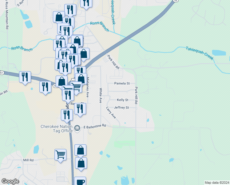 map of restaurants, bars, coffee shops, grocery stores, and more near 606 Rolling Hills Drive in Tahlequah