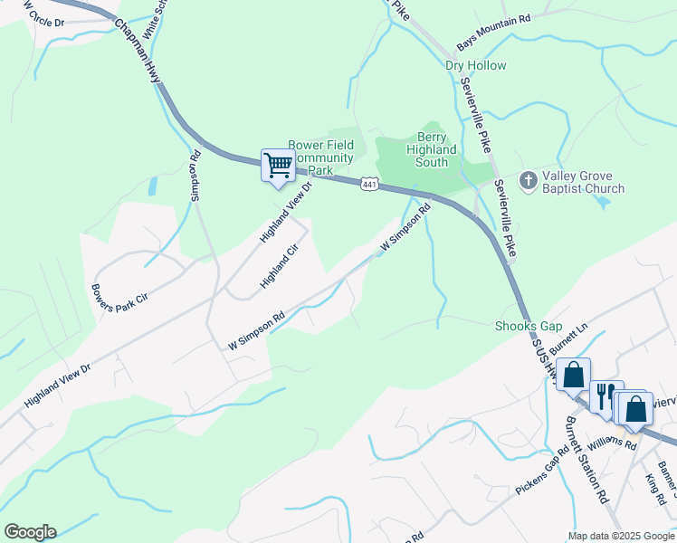 map of restaurants, bars, coffee shops, grocery stores, and more near 8900 West Simpson Road in Knoxville