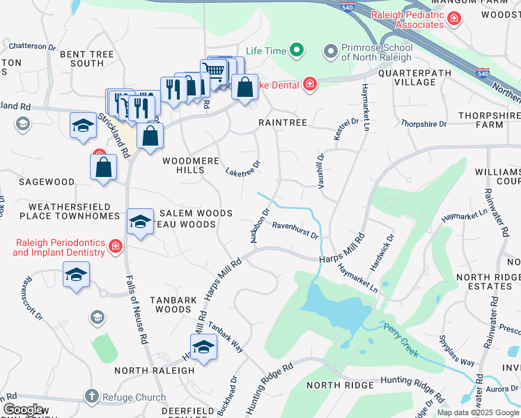 map of restaurants, bars, coffee shops, grocery stores, and more near 7705 Audubon Drive in Raleigh