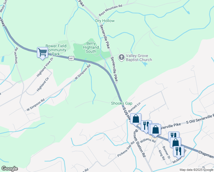 map of restaurants, bars, coffee shops, grocery stores, and more near 9109 Chapman Highway in Knoxville