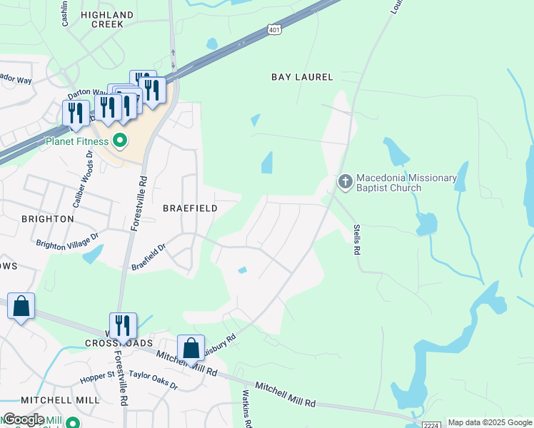 map of restaurants, bars, coffee shops, grocery stores, and more near 3940 Mountjoy Trail in Raleigh