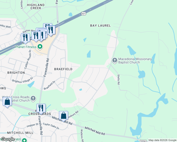 map of restaurants, bars, coffee shops, grocery stores, and more near 3940 Mountjoy Trail in Raleigh