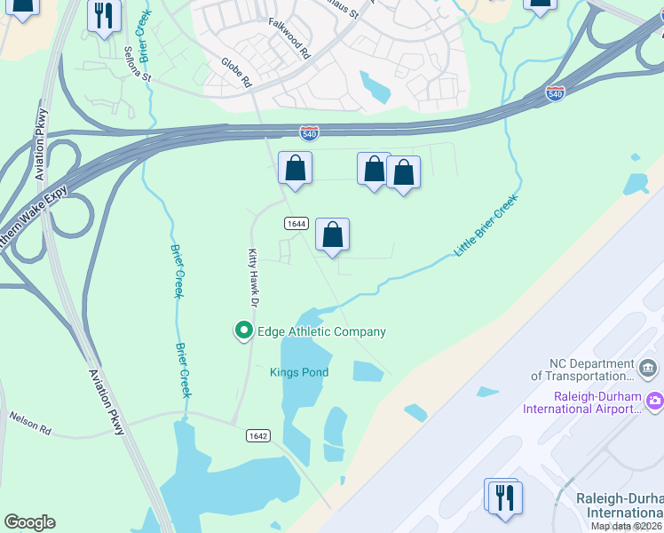map of restaurants, bars, coffee shops, grocery stores, and more near 10300 Globe Road in Morrisville
