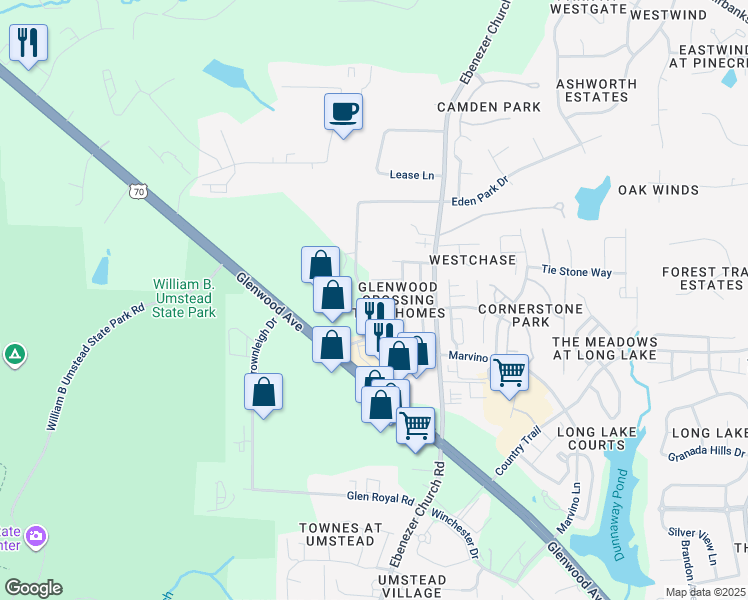 map of restaurants, bars, coffee shops, grocery stores, and more near 8303 Deckbar Place in Raleigh