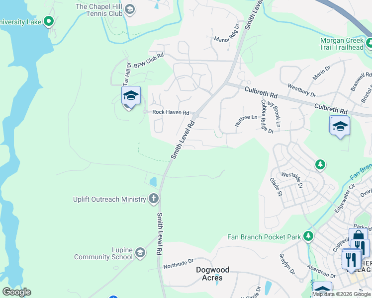 map of restaurants, bars, coffee shops, grocery stores, and more near 741 Smith Level Road in Chapel Hill