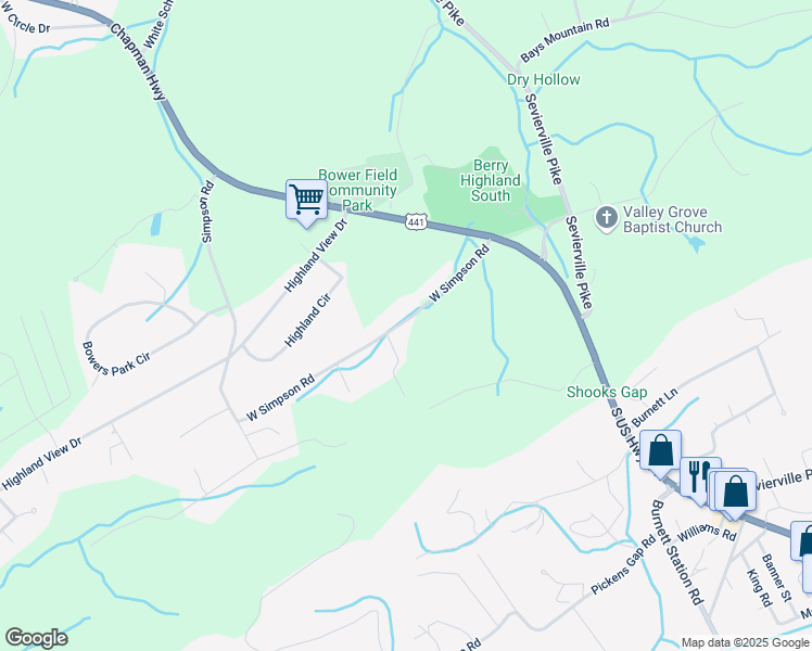 map of restaurants, bars, coffee shops, grocery stores, and more near 8911 West Simpson Road in Knoxville