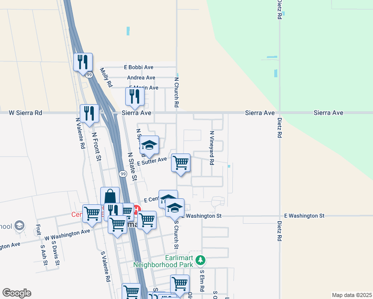map of restaurants, bars, coffee shops, grocery stores, and more near 617-659 North Church Road in Earlimart