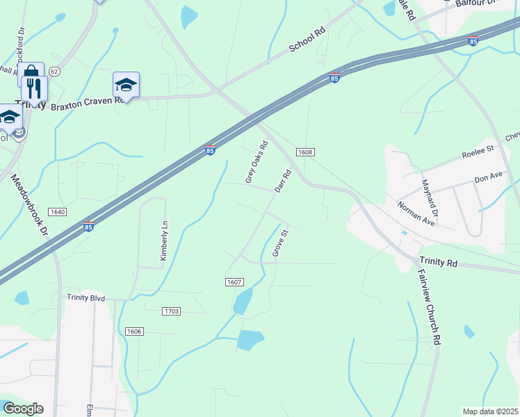 map of restaurants, bars, coffee shops, grocery stores, and more near 5185 Darr Road in Trinity