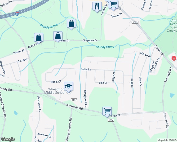 map of restaurants, bars, coffee shops, grocery stores, and more near 1001 Springwood Lane in Archdale