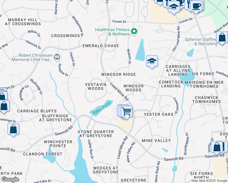 map of restaurants, bars, coffee shops, grocery stores, and more near 7904 Hepworth Court in Raleigh