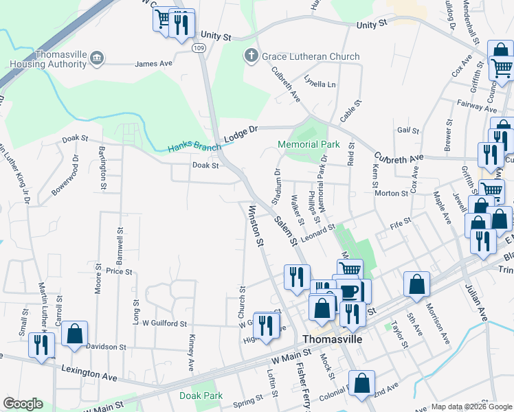 map of restaurants, bars, coffee shops, grocery stores, and more near 10 Arlington Avenue in Thomasville