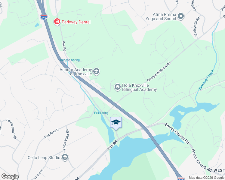 map of restaurants, bars, coffee shops, grocery stores, and more near 9906 Coral Springs Lane in Knoxville