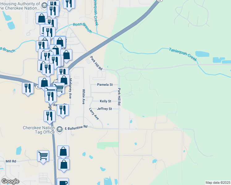 map of restaurants, bars, coffee shops, grocery stores, and more near 2120 Park Hill Road in Tahlequah