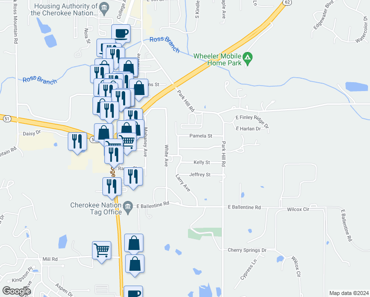 map of restaurants, bars, coffee shops, grocery stores, and more near 600 4 Rolling Hills Drive in Tahlequah