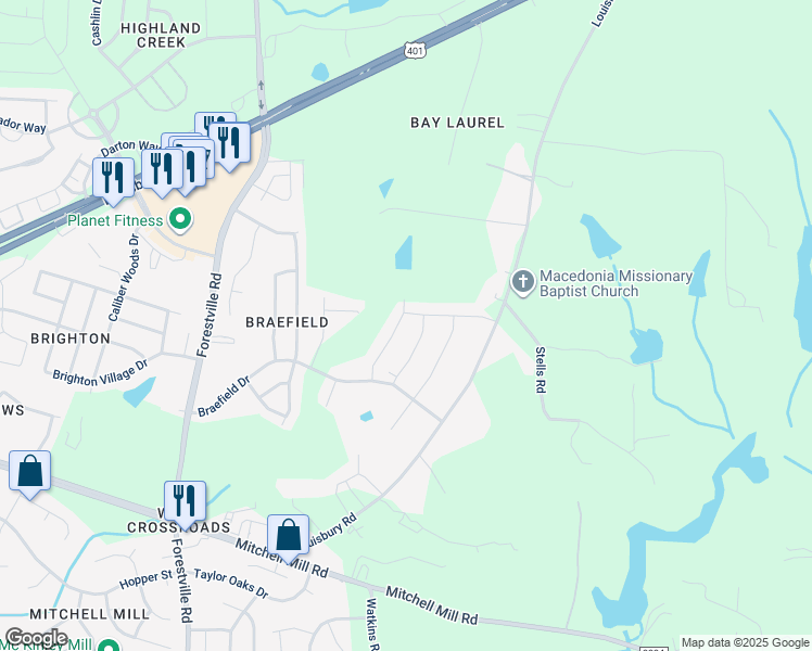 map of restaurants, bars, coffee shops, grocery stores, and more near 3944 Mountjoy Trail in Raleigh