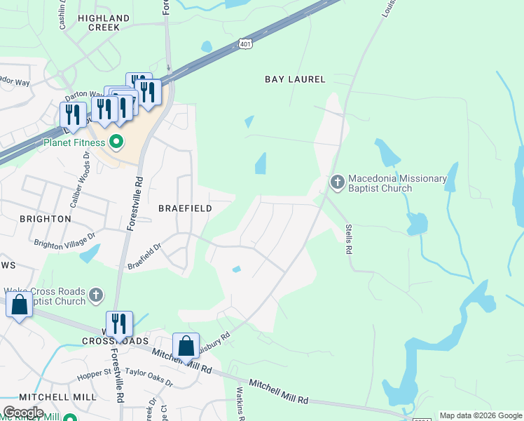 map of restaurants, bars, coffee shops, grocery stores, and more near 3944 Mountjoy Trail in Raleigh
