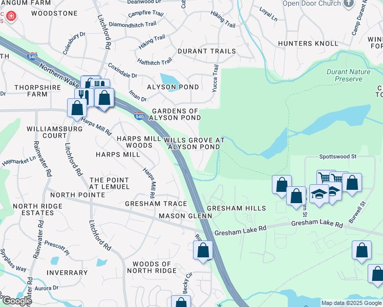 map of restaurants, bars, coffee shops, grocery stores, and more near 2500 Fort Hill Court in Raleigh