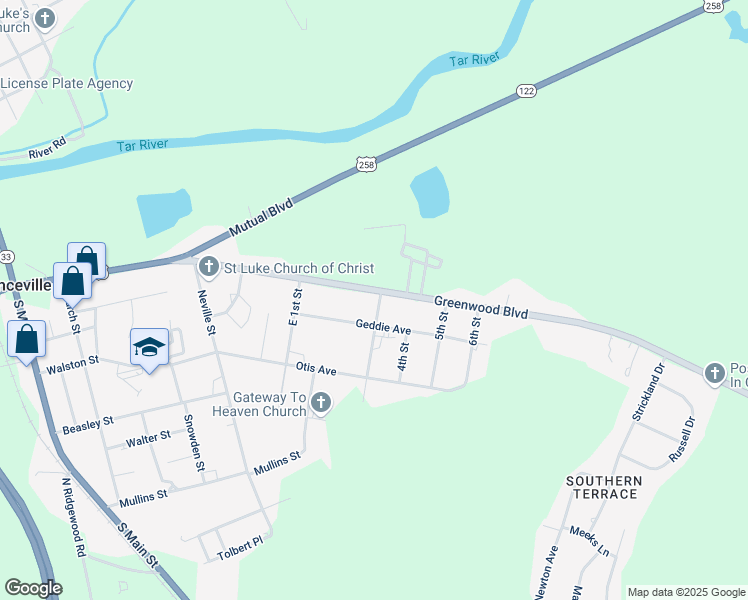 map of restaurants, bars, coffee shops, grocery stores, and more near 400 Geddie Avenue in Princeville