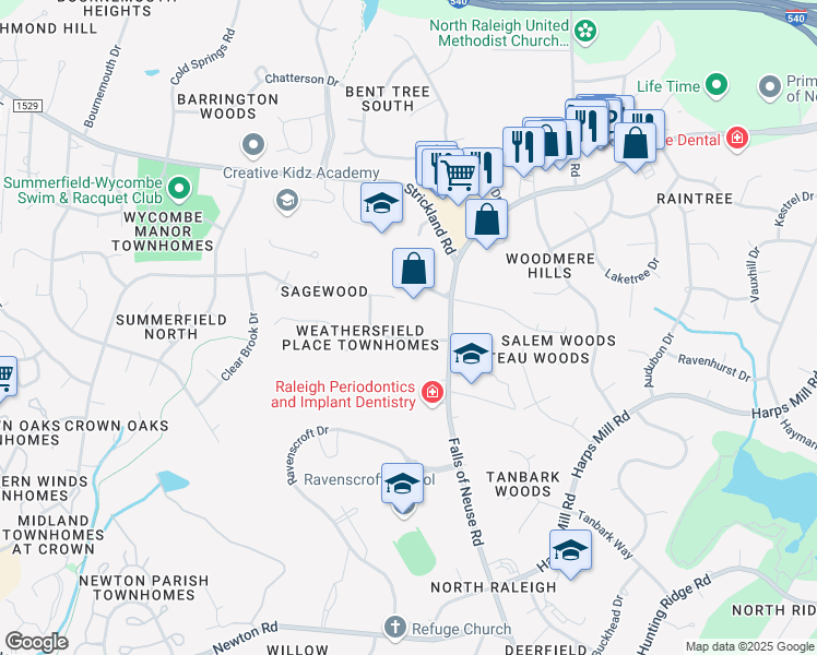 map of restaurants, bars, coffee shops, grocery stores, and more near 764 Weathergreen Drive in Raleigh
