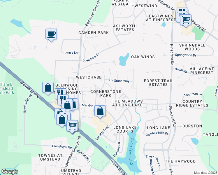 map of restaurants, bars, coffee shops, grocery stores, and more near 8455 Reedy Ridge Lane in Raleigh