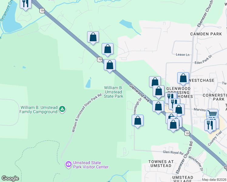 map of restaurants, bars, coffee shops, grocery stores, and more near 8801 Glenwood Avenue in Raleigh