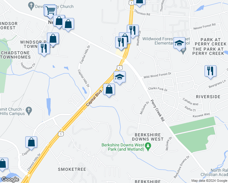 map of restaurants, bars, coffee shops, grocery stores, and more near 4621 Paragon Park Road in Raleigh