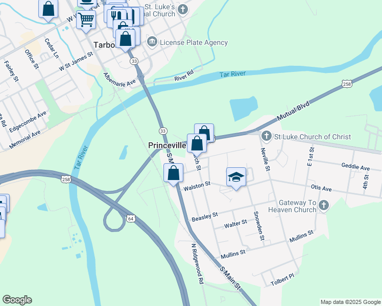 map of restaurants, bars, coffee shops, grocery stores, and more near 106 Church Street in Princeville