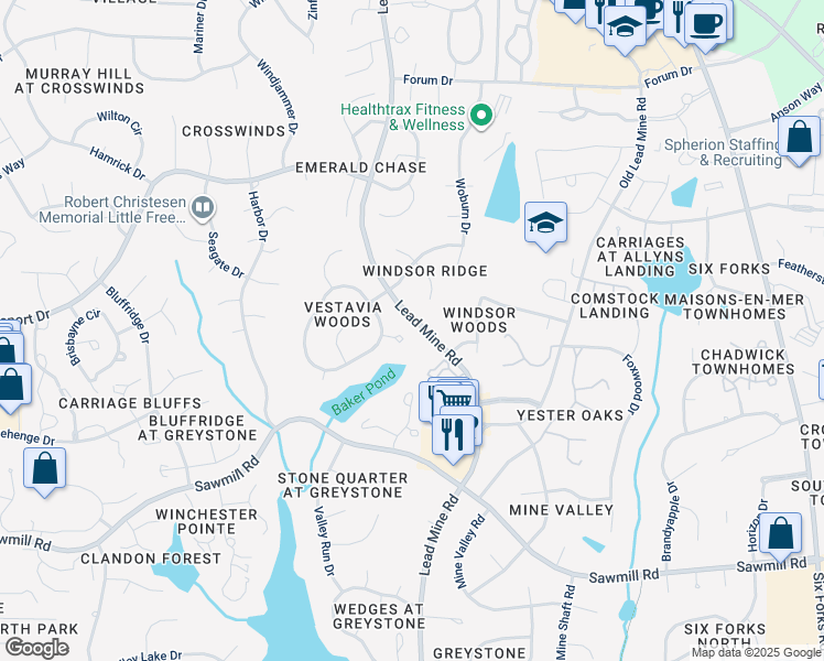 map of restaurants, bars, coffee shops, grocery stores, and more near 7904 Hepworth Court in Raleigh