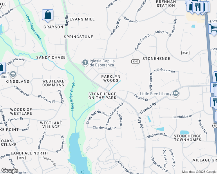 map of restaurants, bars, coffee shops, grocery stores, and more near 3020 Dunkirk Drive in Raleigh
