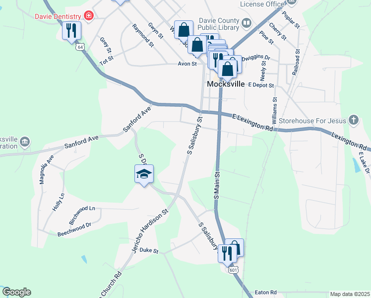 map of restaurants, bars, coffee shops, grocery stores, and more near 491 South Salisbury Street in Mocksville