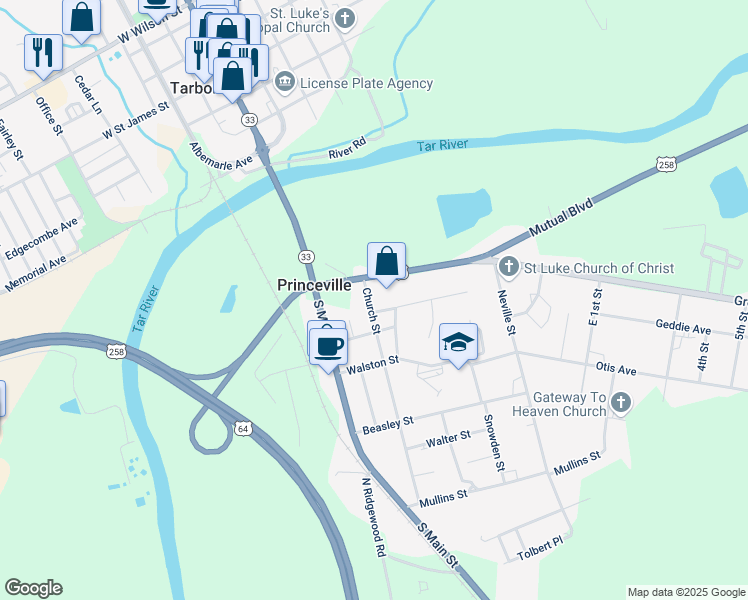 map of restaurants, bars, coffee shops, grocery stores, and more near 106 Church Street in Princeville