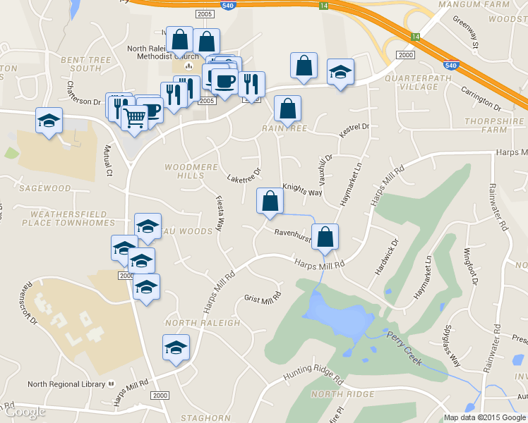 map of restaurants, bars, coffee shops, grocery stores, and more near 7709 Audubon Drive in Raleigh