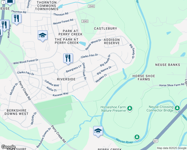 map of restaurants, bars, coffee shops, grocery stores, and more near 5901 Big Nance Drive in Raleigh