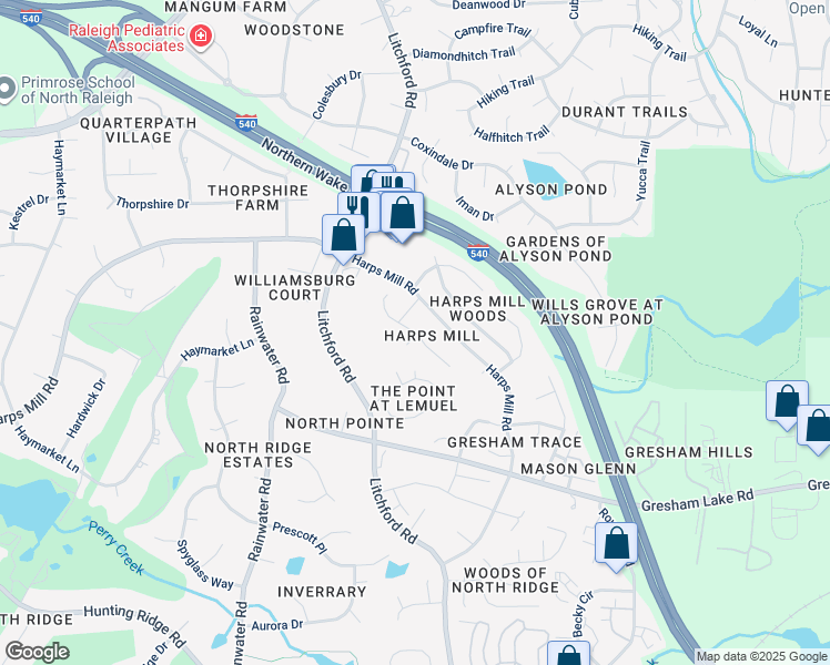 map of restaurants, bars, coffee shops, grocery stores, and more near Swarthmore Drive in Raleigh